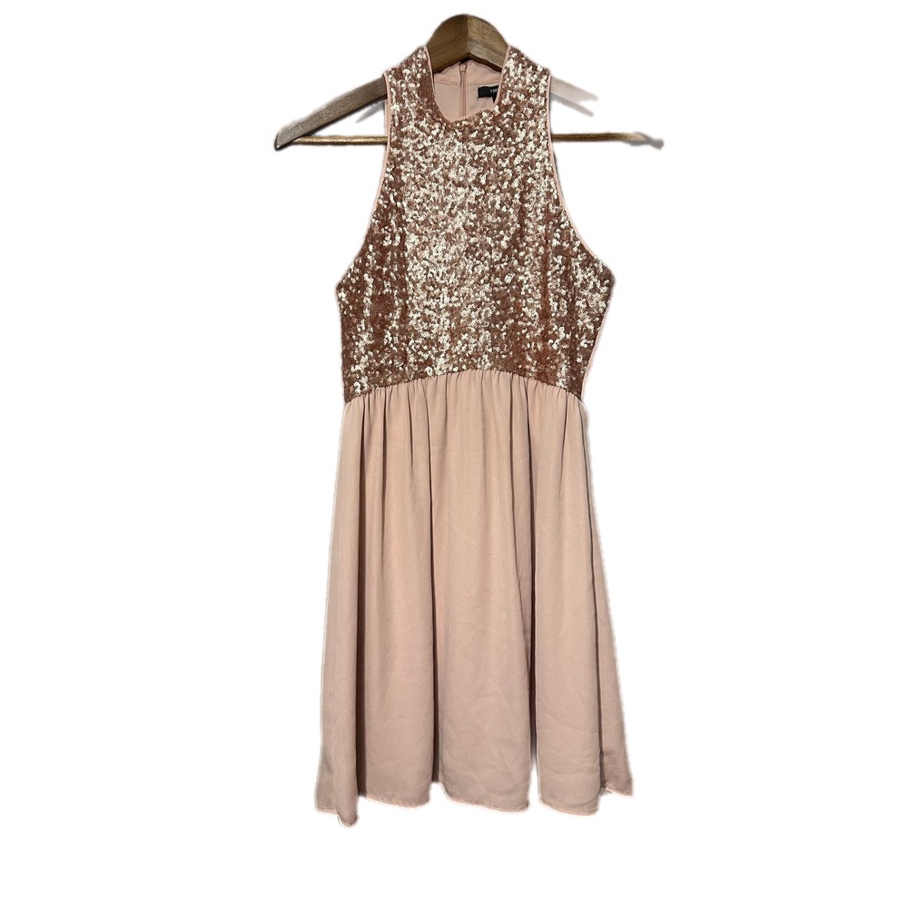 Forever21 Sequin Halter Dress Women Small Pink Rose Gold Good Mini Chiffon Party